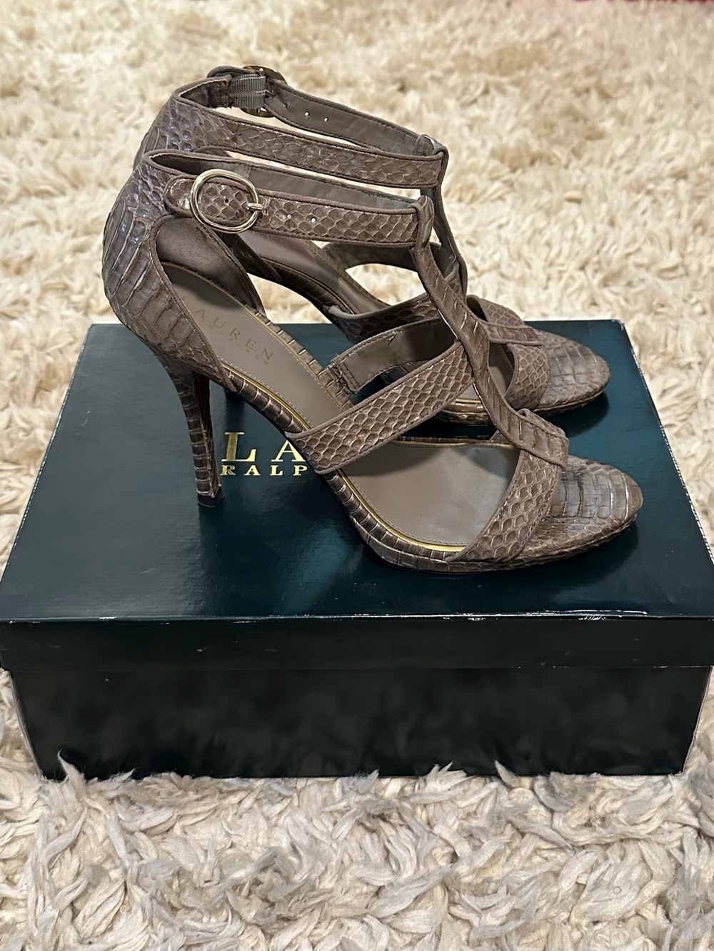 Lauren Ralph Lauren Taupe Snakeskin Heeled Sandals Size 9.5